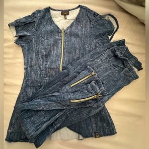 Jaanuu Blue Denim Set with Gold Zippers Tulip Top XS Moto Pants XSP